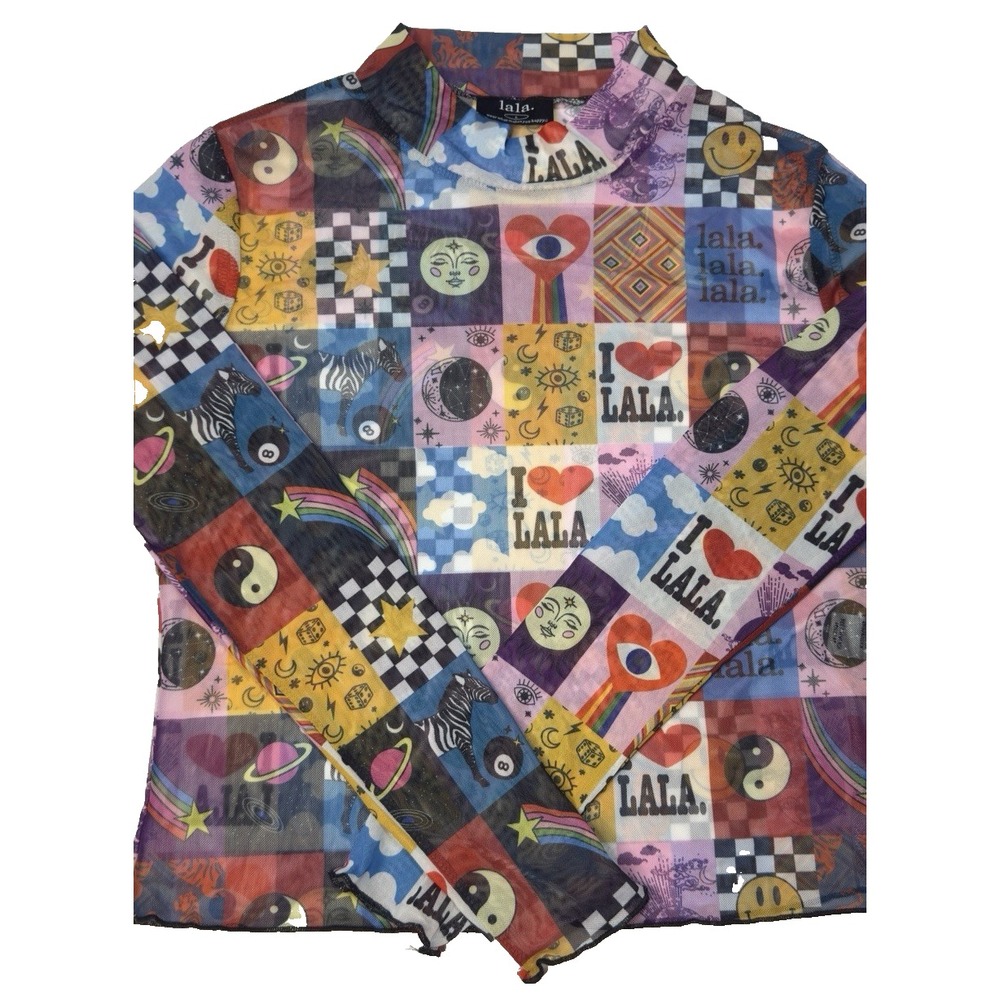 Dressed In Lala Top Patchwork Print Mesh Mock Neck Multicolor Dopamine